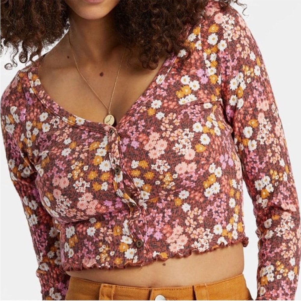 Billabong Small Top Falling in Love in Deep Sienna floral ribbed long sleeve NWT - Picture 3 of 10